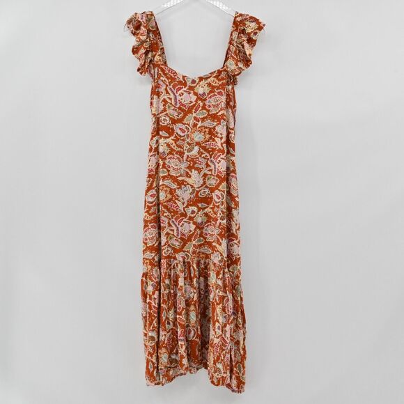 HOUSE OF HARLOW Dress‎ Womens Sz M Rust Floral Print Flutter Sleeve Midi Paisley - Picture 2 of 13